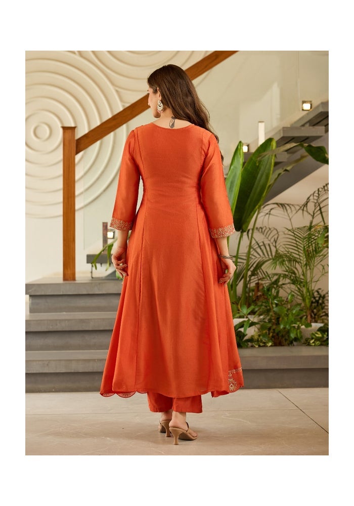 Malishka Export Embroidered Rust Kurta Pant Set for Women - Image 2